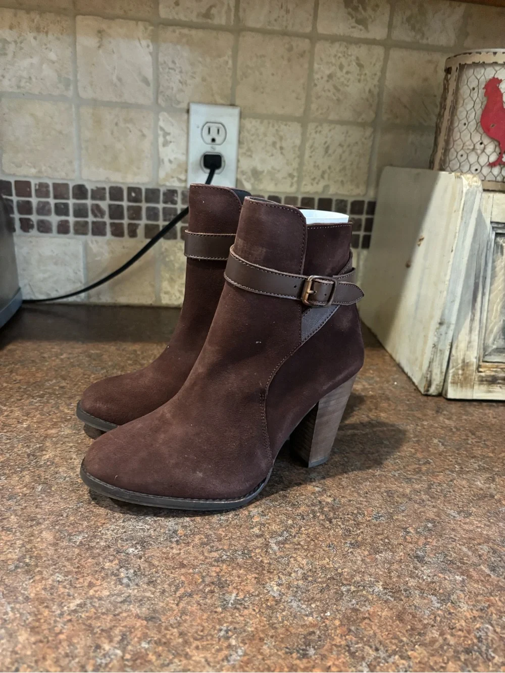 Dune London Dark Brown Suede Ankle Booties with Buckle Strap